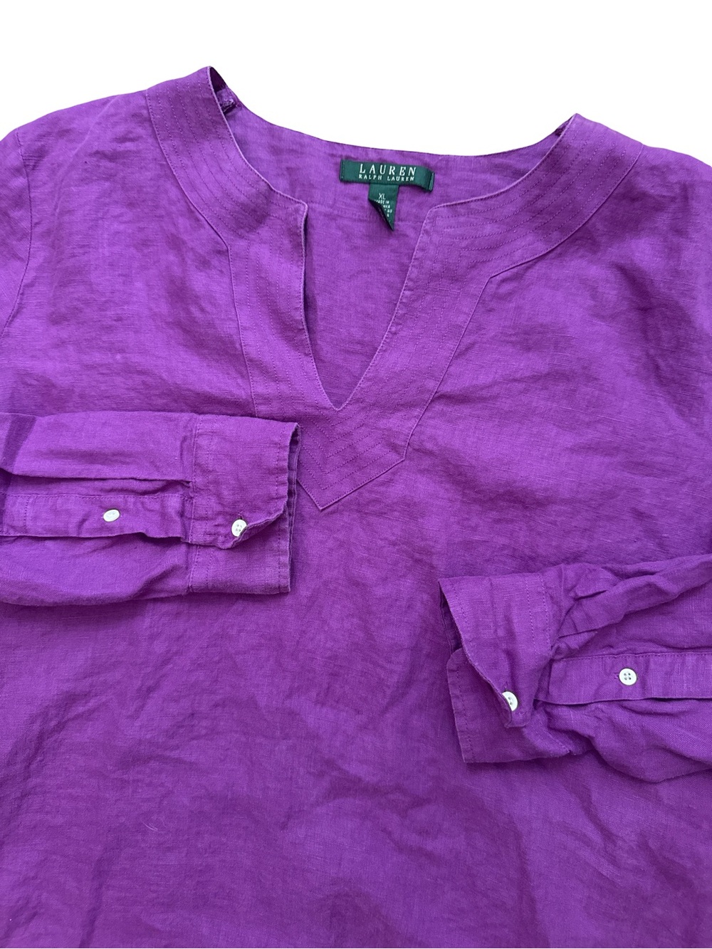 Lauren Ralph Lauren Women 100% Linen Roll Tab Long Sleeve Shirt V Cut Purple XL